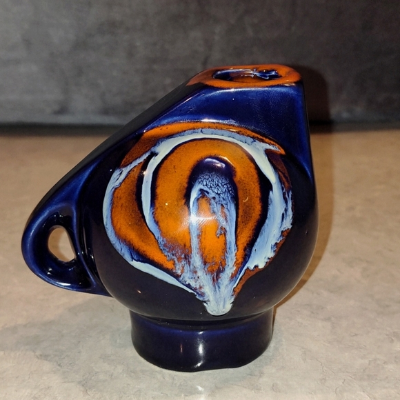 VINTAGE 60s ABSTRACT PORCELAIN TEA POT HAND-PAINTED BLUE 5" - Picture 3 of 8